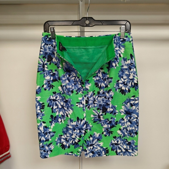 J Crew Basketweave Pencil Skirt Colorful Green Blue Floral Pattern Cotton Size 2 - Picture 5 of 8
